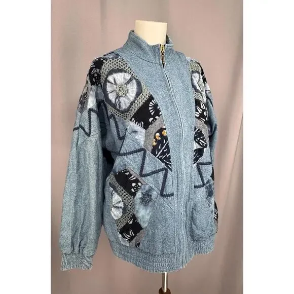 Vtg LIM'S Demin Jacket Womens Small Blue Patchwork Whimsygoth Art to Wear USA - Picture 4 of 8